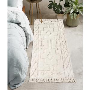 Uphome Boho Bathroom Runner Rug 2' x 4.3', Washable Woven Cotton Bedroom Rug Runners, Beige Aesthetic Tufted Entryway Runner Rugs, Bohemian Tribal Throw Rugs for Bedside Living Room Laundry Kitchen