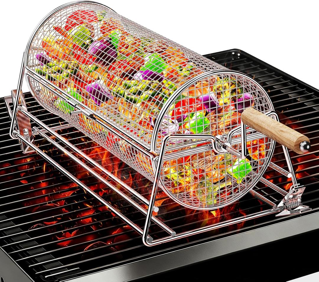 2-in-1 Rolling Grill Basket with Dual Handles, 304 Stainless Steel Rotatable BBQ Basket with Crank Handle & Straight Grip Handle, Grill Net for Vegetables, Shrimp & More, Gift Idea for Men, Dad, Husband