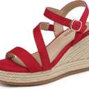 TEMOFON Wedge Sandals for Women Platform: Espadrille Ankle Strap Buckle Wedge - Comfortable Dressy Summer Womens Sandals (7.5, Suede-Red)