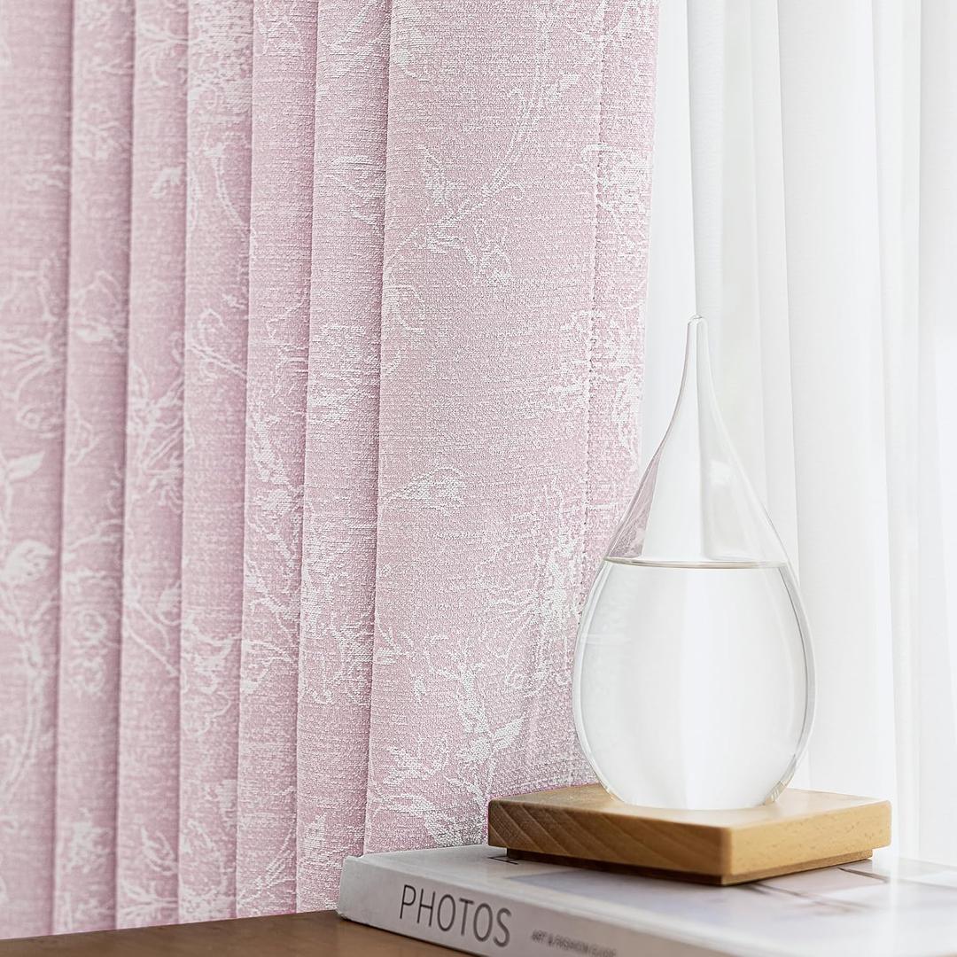 Pink Floral Jacquard Blackout Curtains for Girls Room, Blush Pink Nursery Curtains 84 Inches Long, Chenille Living Room Darkening Thermal Insulated Window Curtains, Grommet Drapes 2 Panels, Size: 52"W x 84"L