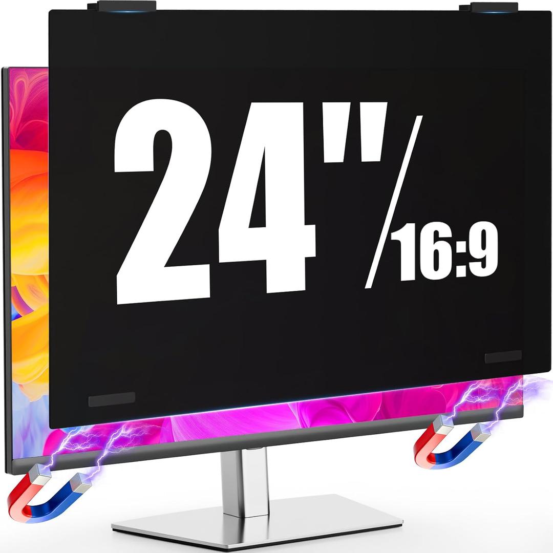 Magnetic Monitor Privacy Screen 24 inch for Frameless/Thin Bezel Computer 16:9 Aspect Ratio, Hanging Anti Blue Light Shield Eye Protection, 24in Removable Anti-Impact Privacy Protector Film