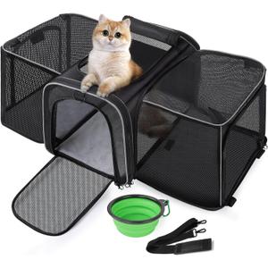 Pecute Cat Carrier Expandable, Extra Large Pet Carrier Bag, Foldable Cat Carrier Bag with Breathable Mesh, Pet Carrier Transport Bag for Dogs and Cats, with Shoulder Strap and Pet Bowl