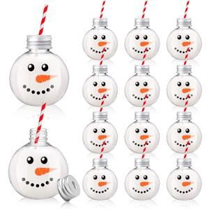 12Pcs Christmas Booze Balls Cups with Lids and Straws Clear Plastic Snowman Face Party Drinking Cups Reusable Bottles for Xmas Winter Holiday Party Supplies