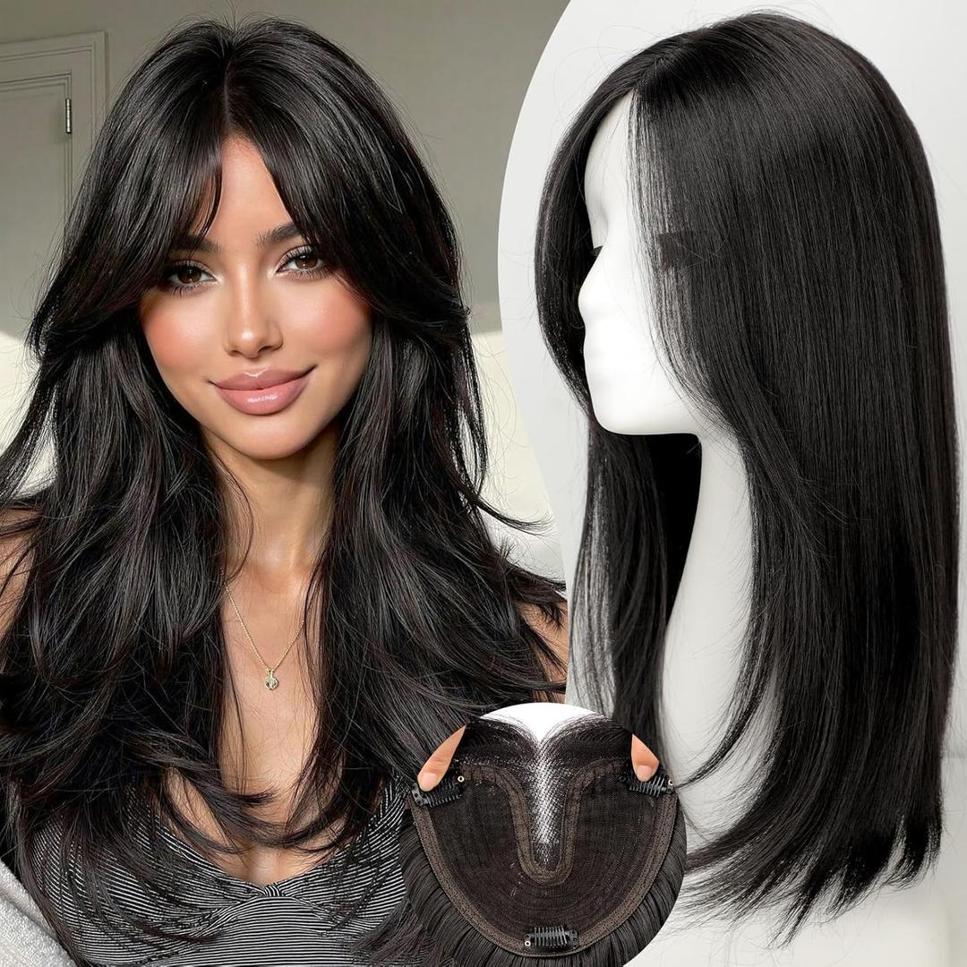 Isaic Hair Toppers for Women 18 Inch Synthetic Hair Pieces, 360 Clips In and Adjustable Bandage Layered Toppers, Toppers Hair Pieces Add Volume for Thinning Hair and Daily Use (Brown Black)
