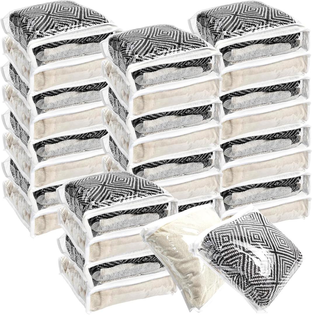 30Pcs Clear Vinyl Zippered Storage Bags - Blanket & Sweater Organizer, 10.5 x 10.5 x 2.5 Inch