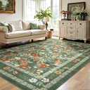 Deerly Green Floral Area Rug 5x7 Vintage Boho Washable Non-Slip Living Room Carpet Soft Low Pile Thin Bedroom Floor Mat Indoor Home Decor for Dining Room Playroom Nursery Farmhouse, Green/Multi