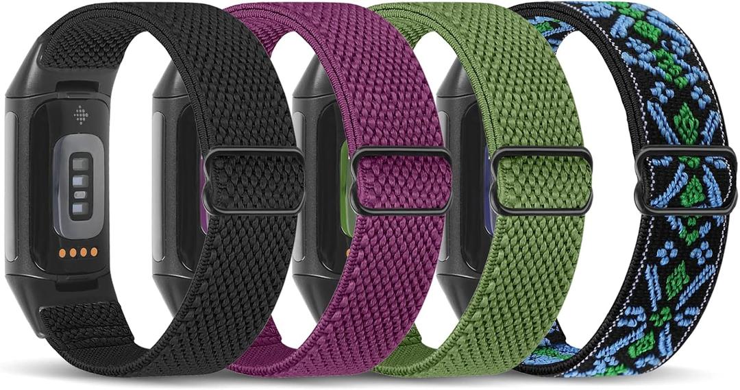 Enkic Elastic Nylon Bands Compatible with Fitbit Charge 6/Charge 5 Bands, 4 Pack Soft Adjustable Stretchy Strap Breathable Sport Loop Replacement Wristband for Fitbit Charge 5/Charge 6 Men Women