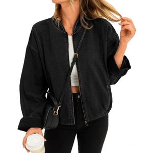 Tankaneo Womens Denim Bomber Jacket Lightweight Zip Up Short Jean Jacket Fall Casual Shacket Outerwear (X-Large, Black)