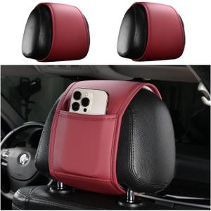 2PCS Leather Headrest Covers for Cars with Pocket of Back Seat Car Organizer,Multi-Functional Car Headrest Cover for Phone,Key,Coin in Car Storage,Universal Head Rest Covers CCar Decoration (Red)