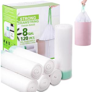 Trash Bag 8 Gallon 120 Count, Unscented Strong Drawstring Garbage Bag Fit 30 Litter Trash Can, for Kitchen, Bathroom, Bedroom, Office
