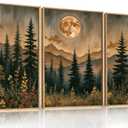 HOURIA Vintage Boho Nature Moonlight Forest Mountain Framed Canvas Wall Art Set,Wilderness Dark Moon Woodland Floral Decor,Retro Wildflower Field Landscape Artwork for Living Room,Farmhouse-24 x36 x3