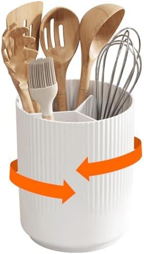 Lifewit Utensil Holder for Kitchen Counter, Cooking Silverware Caddy with Non-Slip Rotating Base, Large 3 Compartment Plastic Spoon Spatula Cutlery Flatware Organizer with Dry Draining, White, 1 Pack
