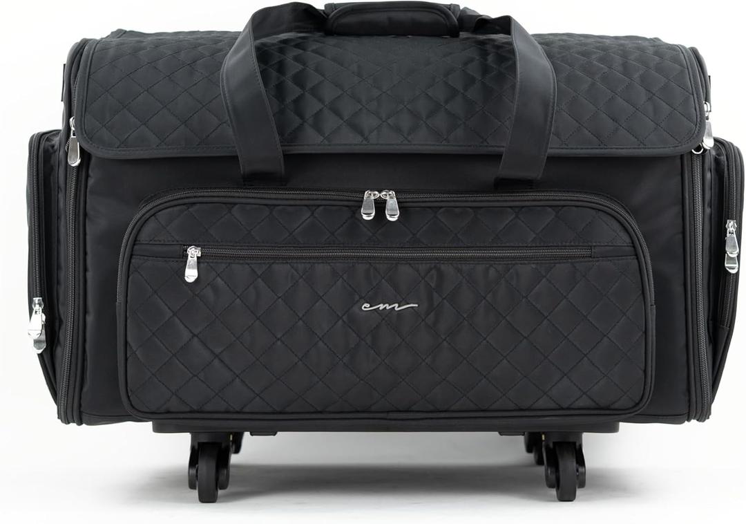 Everything Mary XXL Rolling Sewing Machine Case Black Quilted Craft Bag with 4 Wheels Spacious Storage Organizer with Pockets for Sewing & Craft Supplies