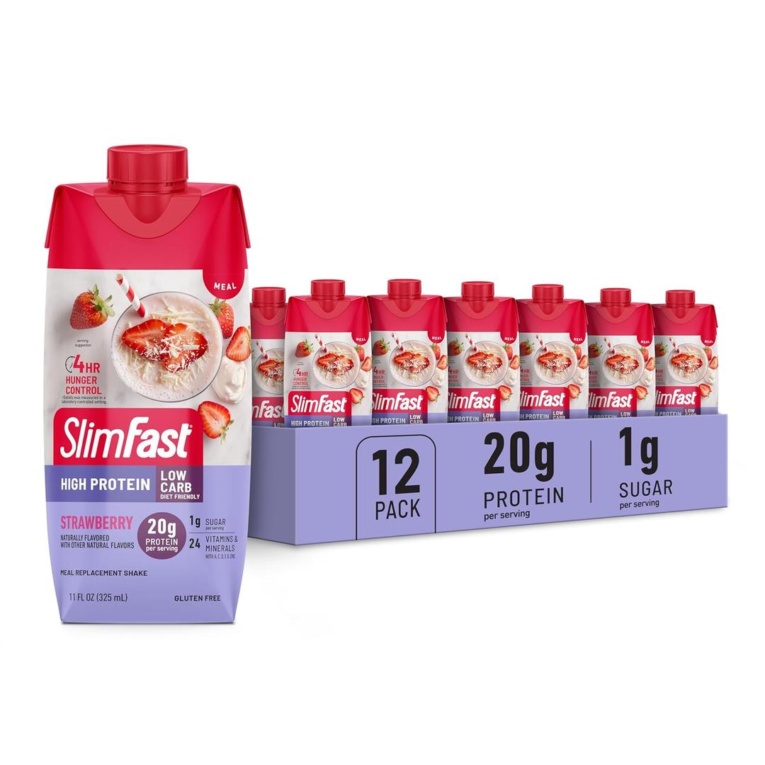 SlimFast Protein Shake, Strawberry- 20g Protein, Meal Replacement Shake Ready to Drink, High Protein with Low Carb and Low Sugar, 24 Vitamins and Minerals, 12 Count (Pack of 1) (Packaging May Vary) (EXP 08/31/26)