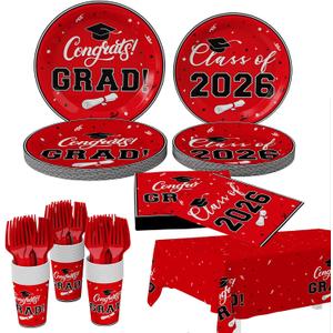 Tbsone Class of 2026 Graduation Plates and Napkins Set Red and Black Disposable Tableware for 25 Guests, Includes Plates, Napkins, Cups, Forks and Tablecloth Party Decorations Supplies (126 PCS)