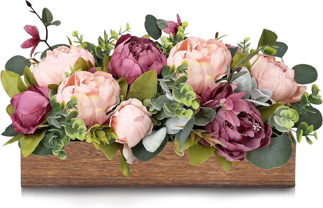 Pre-Made Flower Table Centerpieces for Dining Room Wedding Artificial Peony Table Decorations Wood Tray with Fake Flowers for Living Room Party Bar Kitchen Table(Dusty Mauve & Blush Pink)
