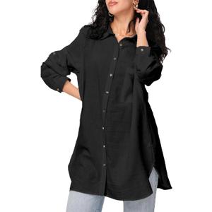 FASHIONSPARK Womens Casual Button Down Shirt Long Sleeve V-Neck Linen Blouse Plus Size Tunic Tops with Pocket Black, Small