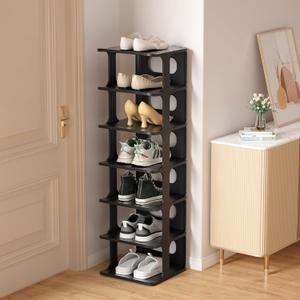 HAIXIN Vertical Narrow Tall Shoe Rack for Front Door Entrance, 7-Tier Sturdy Stackable Shoe Rack Organizer for Closet Entryway, Corner Shoe Storage Shelf Shoe Cubby, Black, 7 Tier