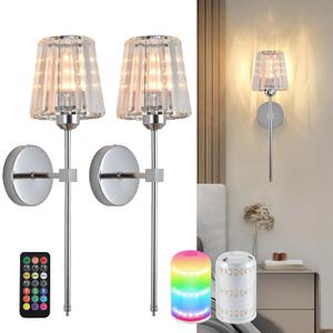 Battery Operated Crystal Wall Sconce Set of 2, Chrome Wireless Wall Sconce with USB Rechargeable LED Light Bulbs 12 Colors Dimmable Crystal Wall Lamp with Remote for Bedroom Living Room Bulbs Included