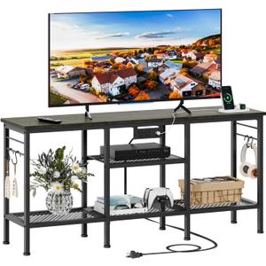 Furologee TV Stand with Power Outlets, Entertainment Center with Open Storage Shelves for TVs up to 55 Inch, TV Media Console Table with Soundbar Shelf for Living Room, Bedroom, Black Oak