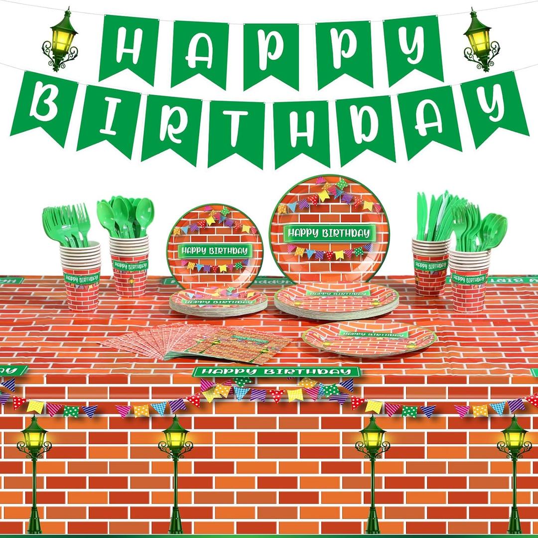 Qinyoung 171 Pcs Street Theme Birthday Party Decorations Red Brick Wall Street Party Supplies Happy Birthday Banner Plastic Tablecloth Paper Plates Tableware for Cartoon Theme Decorations
