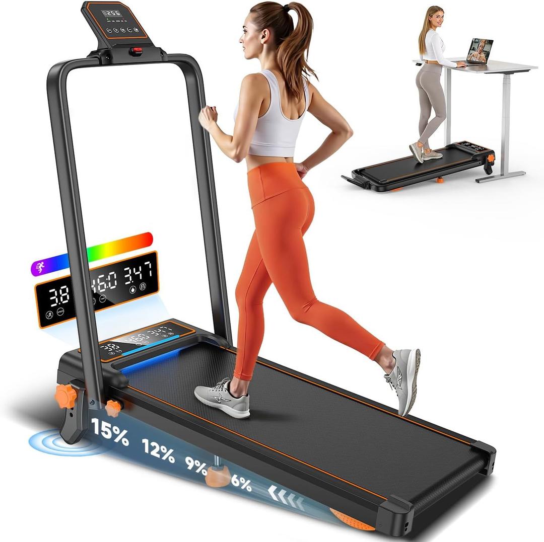 Walking Pad with 15% Incline//Handle Bar/Dual Display, 3.5HP Portable Treadmills for Home Small, Foldable Walking Pad Treadmill with Incline 4 Level, Incline Walking Pad -RGB Light, 350lb Capacity
