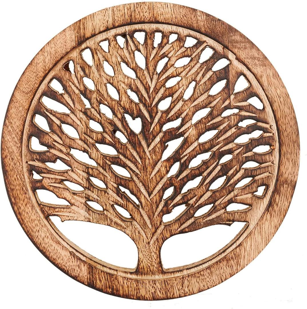 Wedding Gifts Set of 2 Wooden Trivets for Hot Dishes Pots and Pans Tea Pot Holders Hot Pads Tree of Life Design Modern Farmhouse Kitchen Counter Decor Dia 8'' Inch (Burnt)