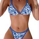 TASHEHE Women's Bikini Set High Leg Cut Double Straps Cute Triangle Swimsuit High Waist Two Piece Bathing Suit (Medium, Floral Blue / 402)