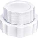 100 PCS White Disposable Plates for 50 Guests, Scalloped Plastic Plates Include 50 Dinner Plates and 50 Dessert Plates for Party, Wedding