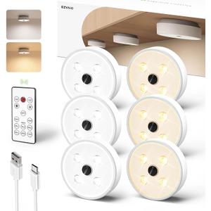 EZVALO Puck Lights with Remote Control, Rechargeable LED Battery Operated, Wireless, Group Control, Dimmable Under Cabinet/ Counter Lighting Closet Light (6 Pack)