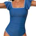 UMIPUBO Tummy Control One Piece Swimsuit for Women Square Neck Ruffled Sleeves White Trim Bathing Suit (X-Large, Blue)