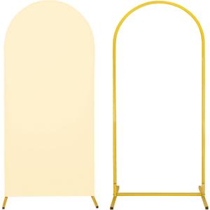 Metal Arch Stand and Cover Set,1 Beige Spandex Fitted Backdrop with 1 Gold Wedding Arched Stand Frame for Parties Birthday Baby Shower Bridal Banquet Decoration (6FT)