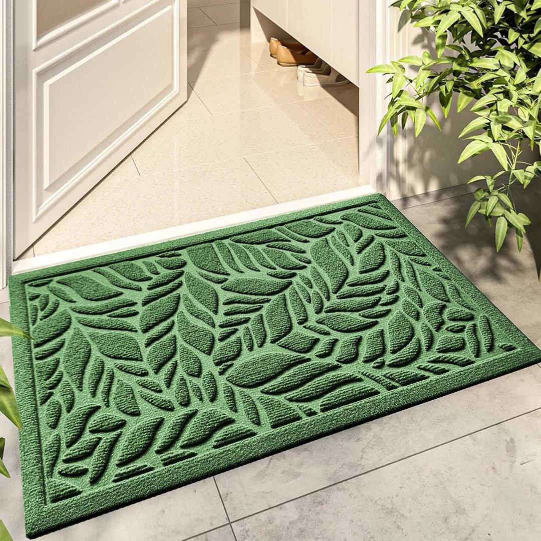 Bulijojo Front Door Mat Entrance, Durable Heavy Duty Welcome Mat, Thick Absorbent Natural Rubber Non Slip Mat, Sturdy Entryway Green Leaves, 23x35