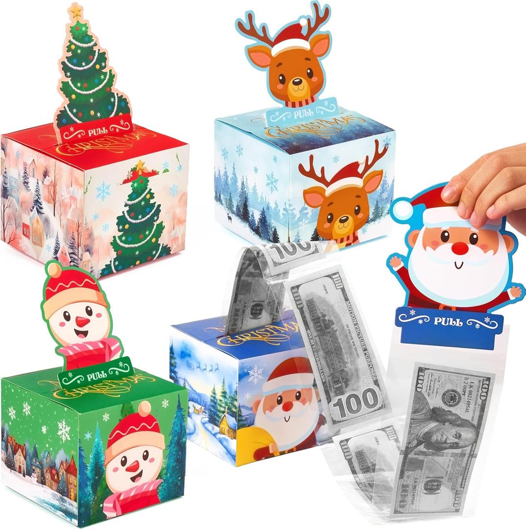 JOYIN 4PCS Christmas Money Box for Cash Gift Pull, Surprise Box Gift Boxes for Money, Xmas Holiday Birthday Cash Boxes with 200PCS Transparent Bags for Kids Adults Gifts Giving, Family Party Favors