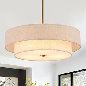 17.7" Modern Drum Chandelier, 2-Layer Linen Pendant Light Fixture