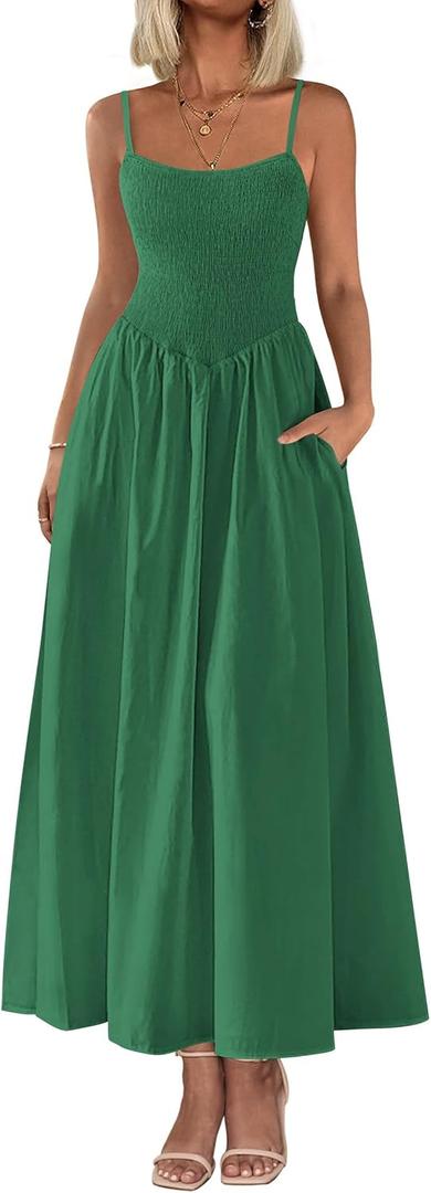 PRETTYGARDEN Women's 2025 Summer Maxi Dresses Beach Sundress Casual Spaghetti Strap Smocked Swing A Line Long Flowy Dress (XX-Large, Dark Green)
