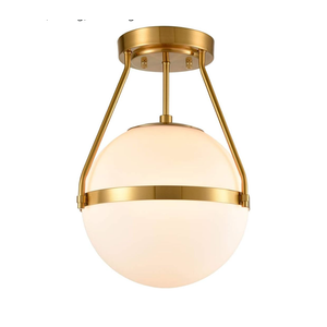 HOLKIRT Mid Century Modern Globe Semi Flush Mount Ceiling Light Fixture,White Opal with Brass Finish,Living/Dinning Room Brass Color