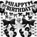 Black Bow Birthday Decorations Girls Bow Happy Birthday Banner Black White Balloon Coquette Decorations Hanging Swirls Garland Ribbon Party Decor Supplies for Girls Women