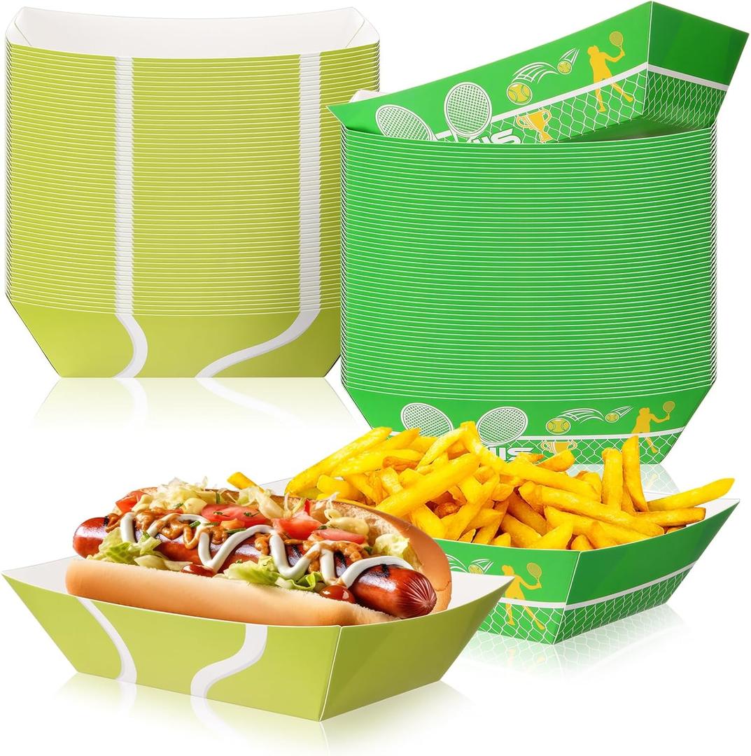 Baderke 100 Pcs 2lb Tennis Party Supplies Paper Food Trays, Disposable Serving Trays Kraft Paper Boat for Tacos Concession for Birthday Tennis Balls Sports Themed Party Favors