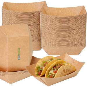 Disposable Kraft Paper Food Trays 5lb 100 Count, Oil Leak Proof Paper Food Boats & Hot Dog Trays, Disposable Serving Boats for Gameday, BBQ, Party, Burgers, Tacos, Fries
