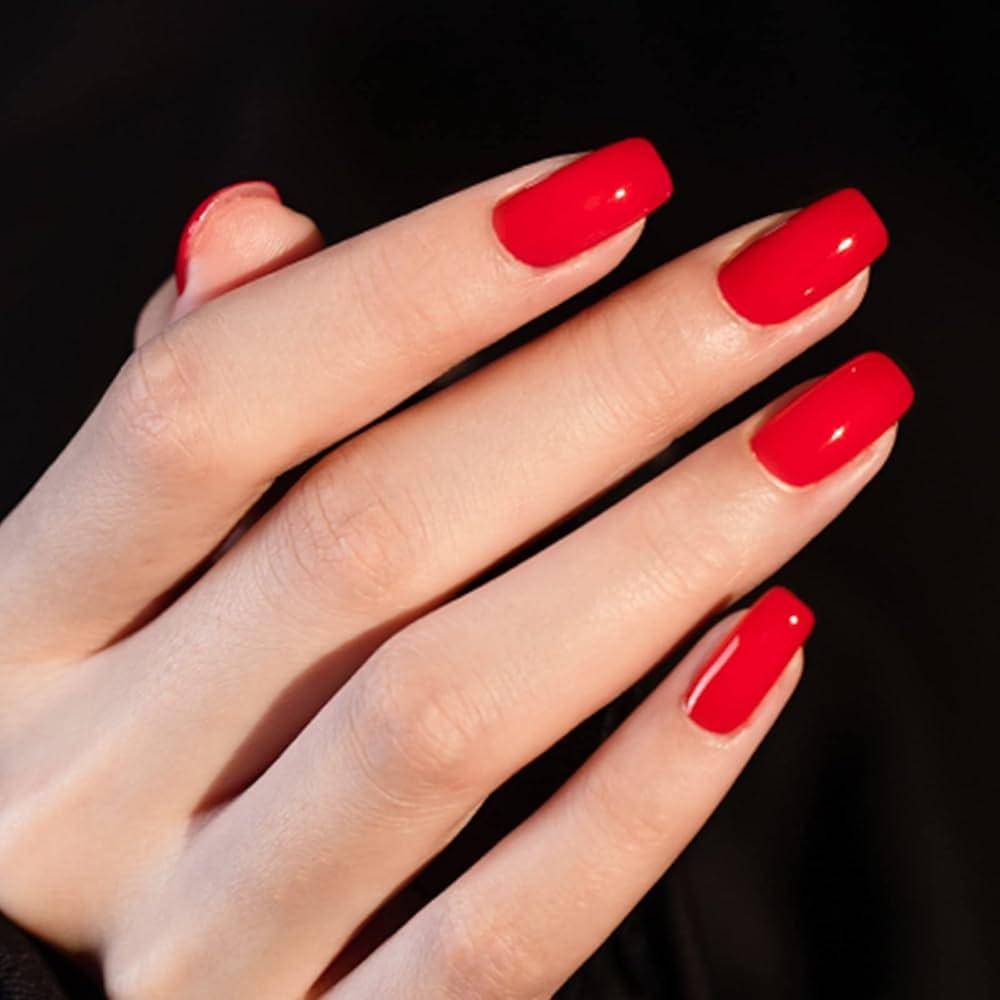 Sifvoo Bright Red Press On Nails - Solid Color Press On Nails Short Square Reusable Glossy Nail Kit, 16 Sizes 32 Count Nail Tips With Glue (N52)