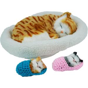 3Pcs Sleeping Cats Toy, Breathing Cat on Cushion Mini and Kittens in Slipper Decor Hand Toy Gift for Kids Boys Girls (Stripe)