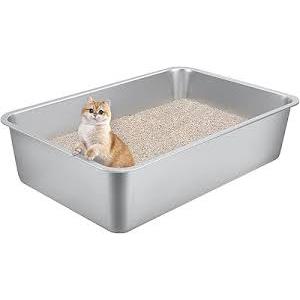 Stainless Steel Cat Litter Box for Large Cats - 17.5"x13.6"x6.1" High-Sided Metal Tray, Anti-Splash & Odor Resistant, Durable Rustproof Design, Easy to Clean 2Pcs