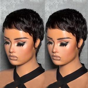 VCK Short Wigs for Black Women Pixie Cut Human Hair Wigs for Women Brazilian Hair Glueless Full Machine Made Wig Natural Black Color (Color YS46#RH)
