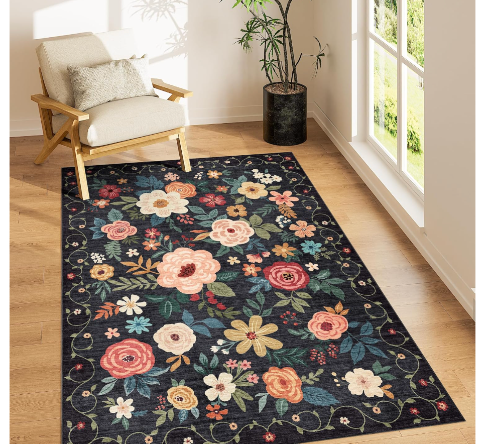 3x5 Area Rug, Floral Rugs for Living Room, Lightweight Non Slip Washable Rug, Indoor Low Pile & Non-Shedding Boho Design Rugs for Bedroom, Living Room, Dining Room, Black