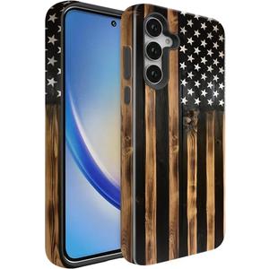 Compatible for Samsung Galaxy A15 5G Case, Dual Layer Heavy Duty 2 in 1 Shockproof Protective Phone Case,Burnt Wood American Flag