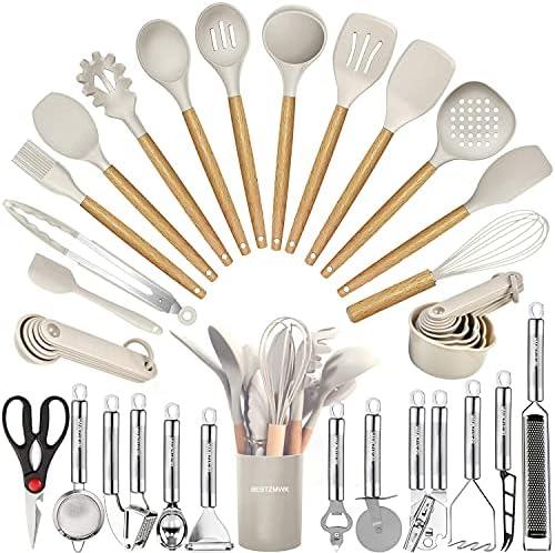 Kitchen Utensils Set- 12 PCs Cooking Utensils with ,Tongs, Spoon Spatula &Turner Made of Heat Resistant Food Grade Silicone and Wooden Handles Kitchen Gadgets Tools Set for Nonstick Cookware