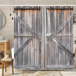 Wooden Barn Door Shower Curtain, Rustic Wooden Garage Door Shower Curtain Vintage Wood Farmhouse Shower Curtain, Country Barn Door Shower Curtain with Hooks, 72X72 Inch, Grey