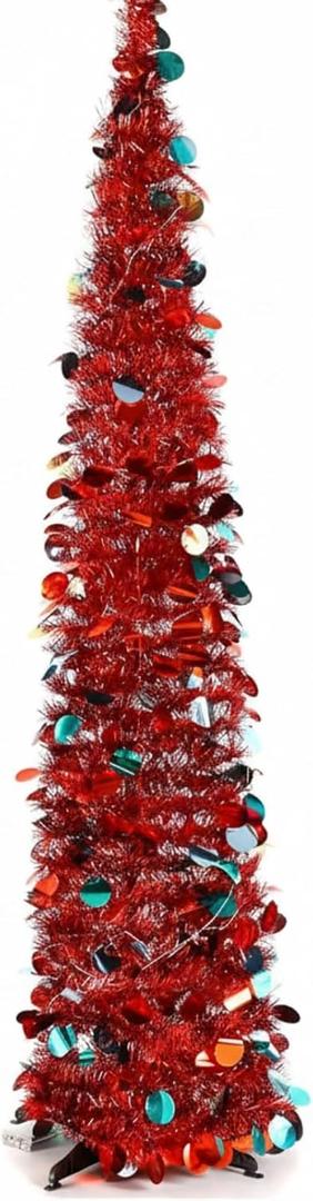 Aoriher 5 ft Pre-lit Pop up Red Christmas Tinsel Tree Decor Reusable Collapsible Artificial Sequins Slim Pencil Tree with Colorful String Lights for Holiday Party Home Indoor Outdoor