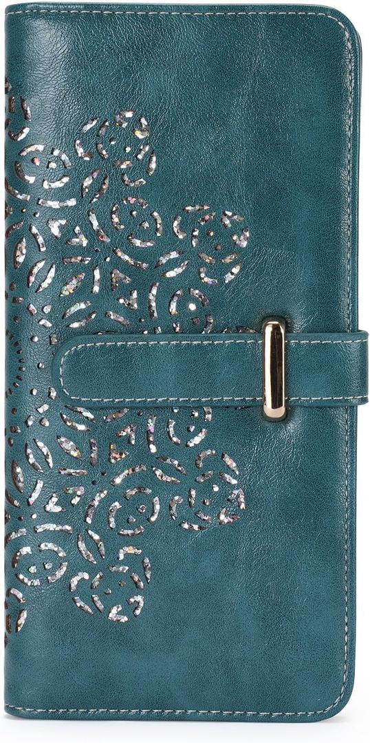 Ultra Slim RFID Wallet Women Thin Clutch Bifold Compact Long Womens Coin Wallet with Hollow Out Mandala PEACOCK BLUE